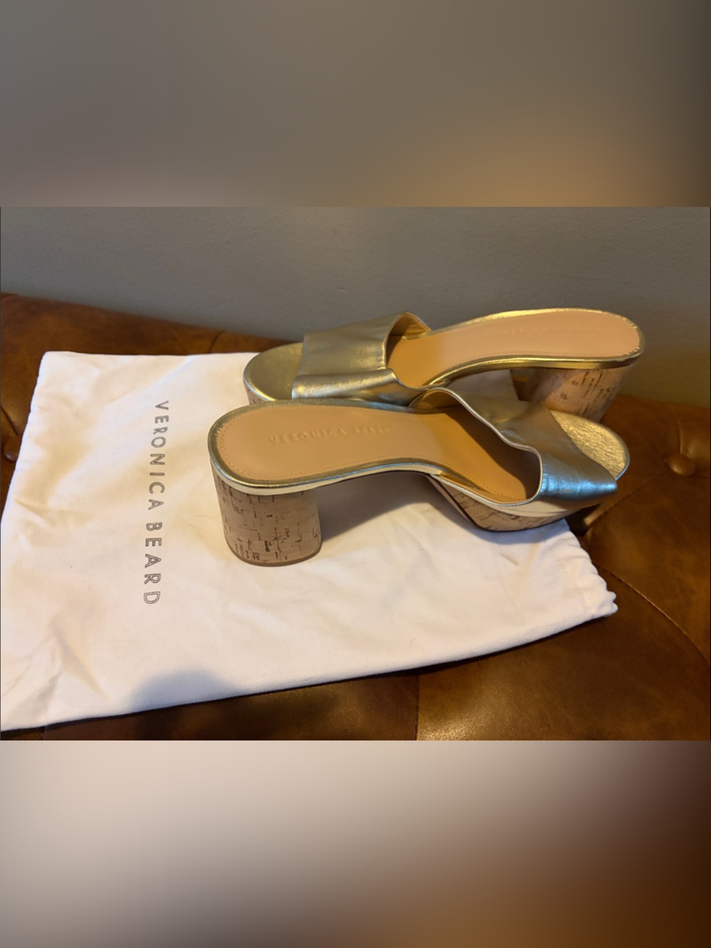 Veronica Beard Gold Metallic Cork Block Heel Mules